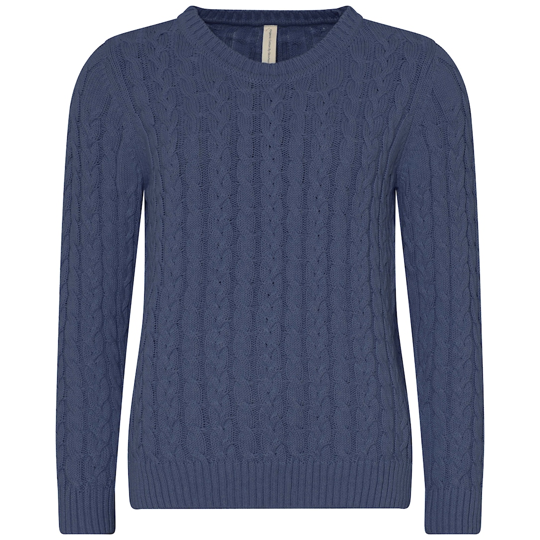 Skovhuus Kvinna Kabelstrikket Pullover i Blå Melange